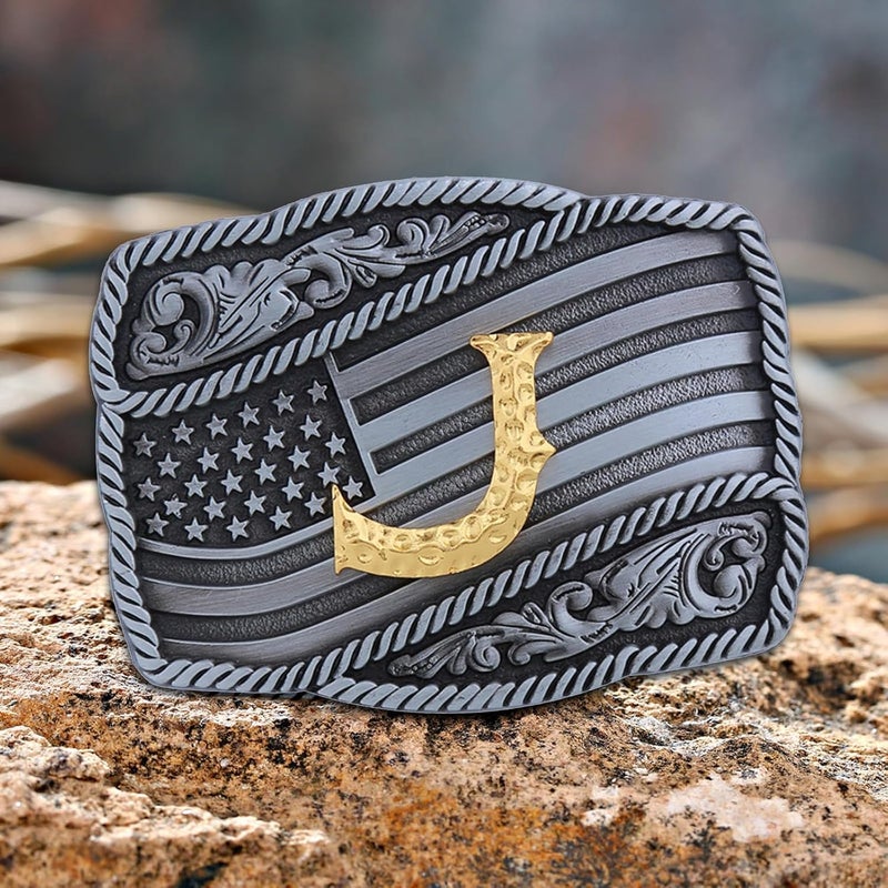 Fibbadet Store Western Cowboy Initial Letters A-Z American Flag Belt Buckle for Men Fathers Day Boyfriend Husband - Image 1
